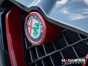 Alfa Romeo Stelvio Front V Shield Grill Frame + Emblem Frame Kit - Carbon Fiber - QV Model - Red Candy